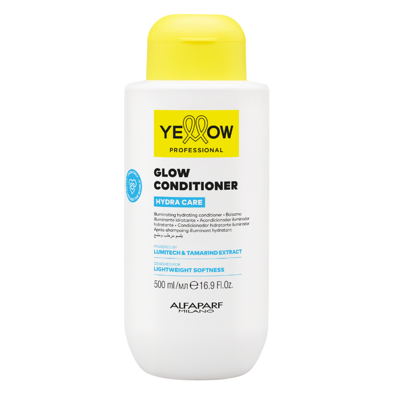 An image of Hydra Care Glow Conditioner by Yellow Professional in a 500ml bottle on white background.